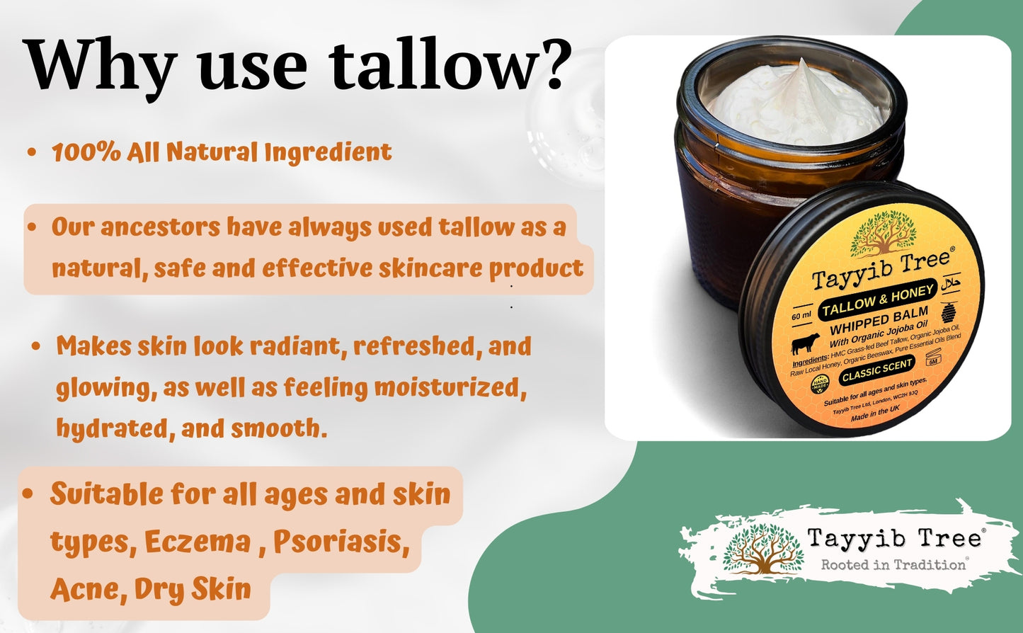 Grass-fed Tallow & Honey Balm - Intense Relief for Eczema, Psoriasis, Acne, Dry Skin - Halal