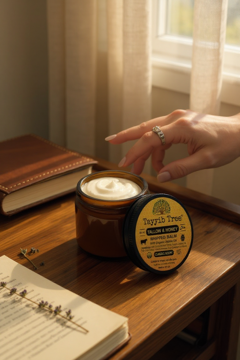 Open jar of Tayyib Tree Tallow & Honey Whipped Balm on a wooden table