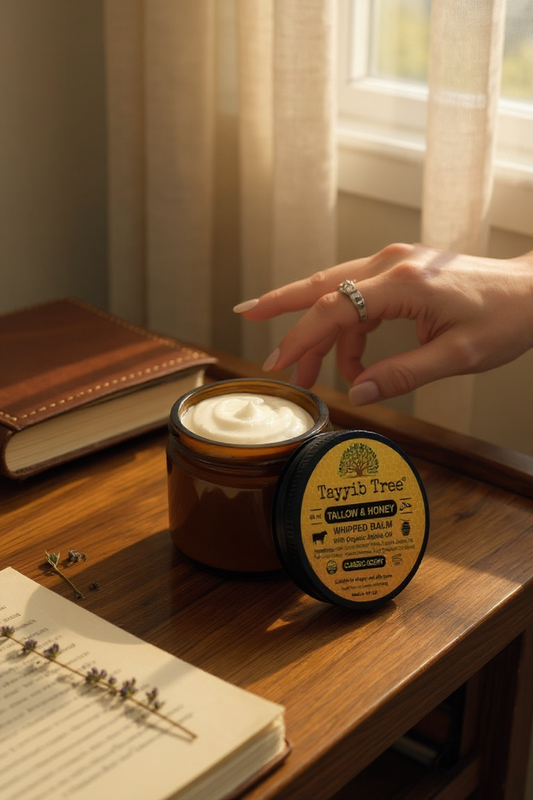 Open jar of Tayyib Tree Tallow & Honey Whipped Balm on a wooden table